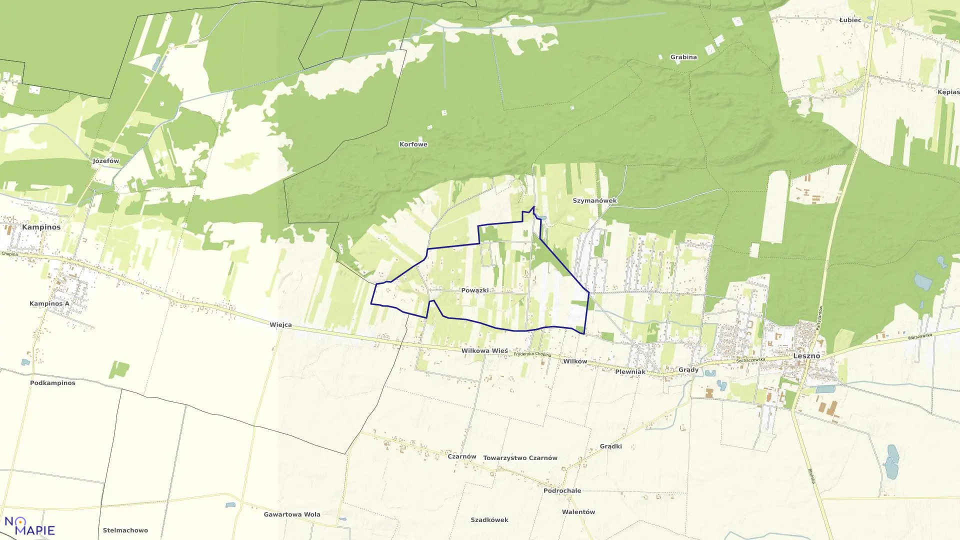 Mapa obrębu POWĄZKI w gminie Leszno